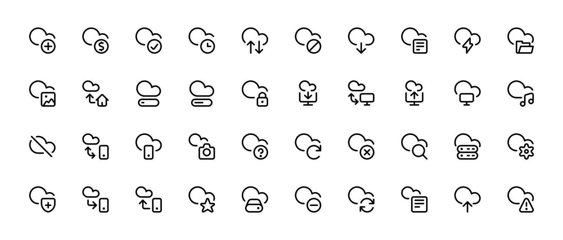 Wolke Computing Symbol Satz. Daten Lager und Technologie Wolke herunterladen und hochladen Symbol. hochladen herunterladen Wolke Pfeil. Linie Stil. herunterladen Wolke Computing Gliederung und gefüllt Vektor unterzeichnen.