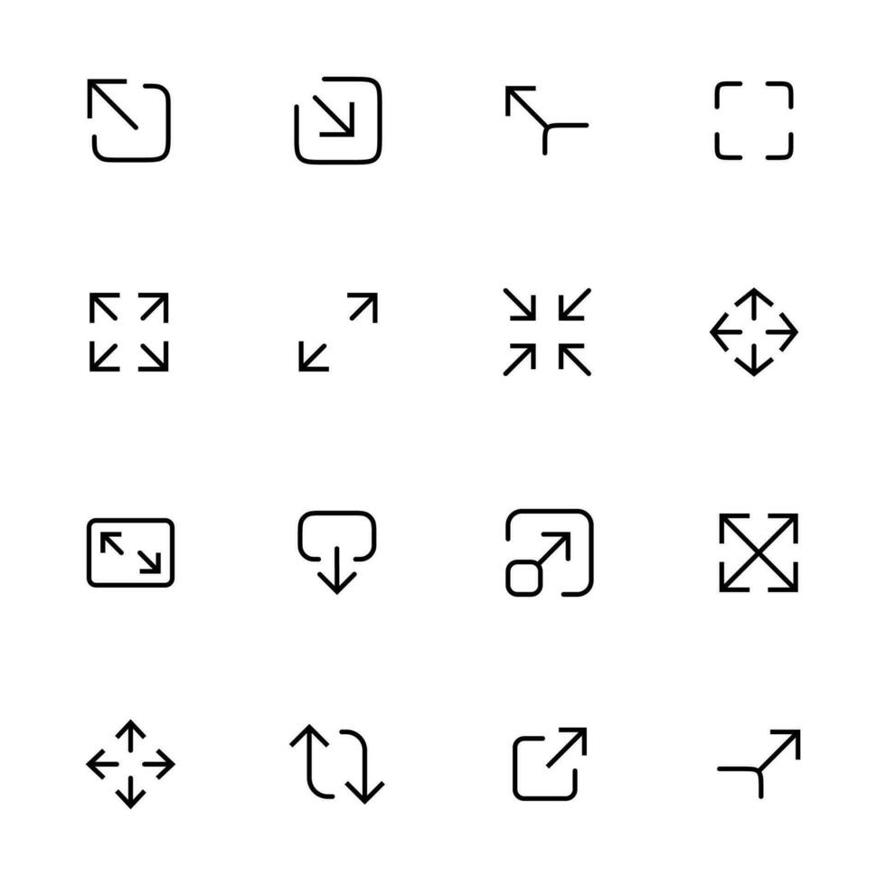 Größe ändern Symbol. Vektor einstellen von Skalierung Linie Symbole. enthält Symbole Größe ändern, Zunahme, verringern, Skalierbarkeit und mehr. Pixel perfekt. geeignet zum ui ux Design, Netz, Handy, Mobiltelefon App. editierbar Vektor Illustration
