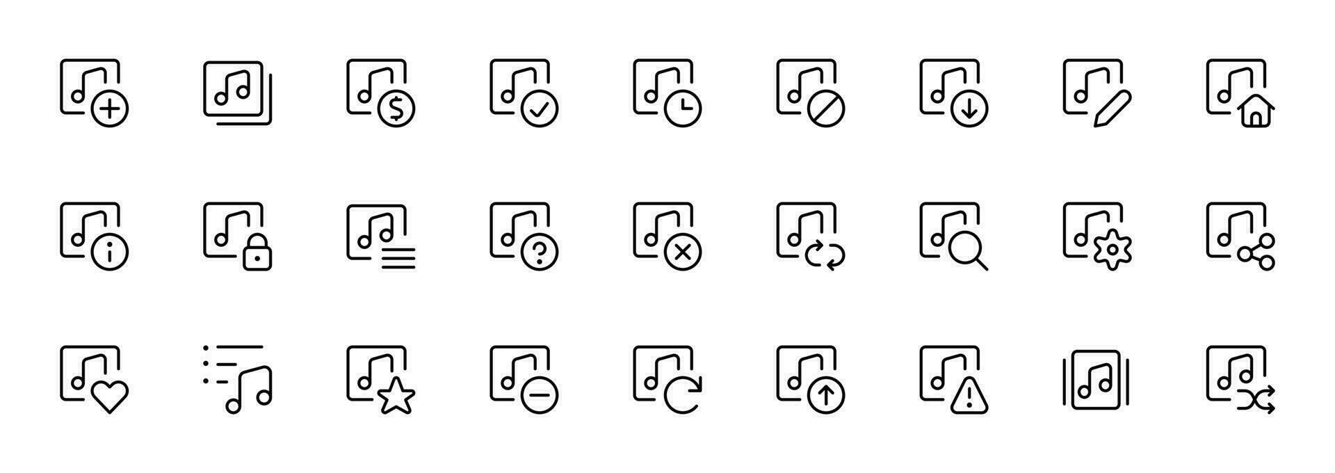 Wiedergabeliste Symbol Satz, Musik- Anmerkungen, Vektor Illustration. Musik- Symbol Satz. Musical Instrument Symbol. enthält Musical Notiz, Radio, Klavier, Lautsprecher, Klang und Rabatt Symbole.