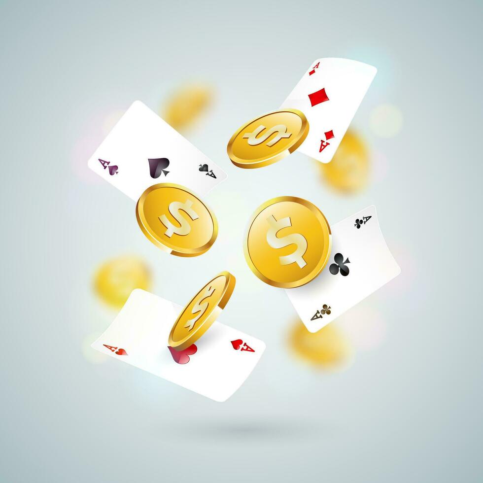 Vektor Illustration auf ein Kasino Thema mit fallen Poker Karten und Gold Münze auf sauber Hintergrund. Glücksspiel Design zum Gruß Karte, Poster, Einladung oder Promo Banner