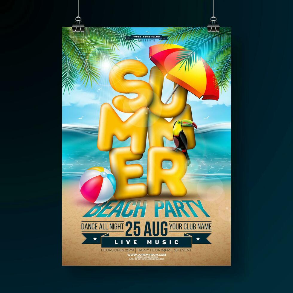 vektor sommar fest flygblad design med 3d typografi brev och tropisk handflatan löv på hav landskap bakgrund. sommar semester Semester design mall med toucan fågel, strand boll och parasoll