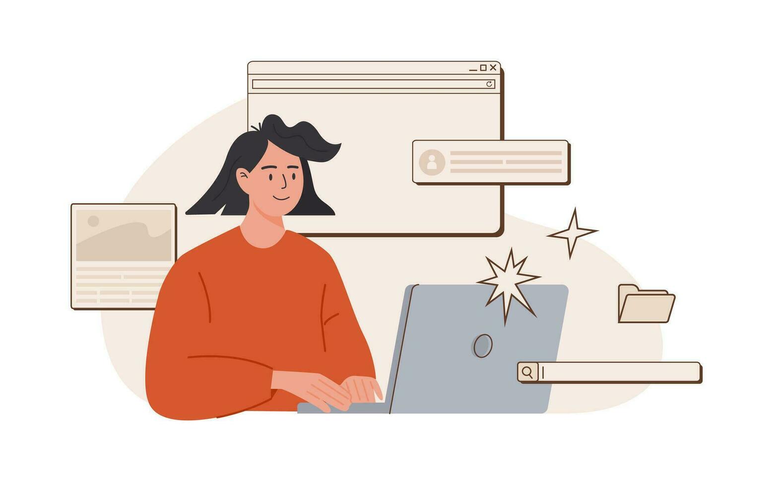 ung webb ui ux designer arbetssätt på bärbar dator. kvinna frilansare på arbete skapande innehåll. hemsida utveckling. uppkopplad företag, internet marknadsföring, kommunikation. innehåll chef. vektor illustration.