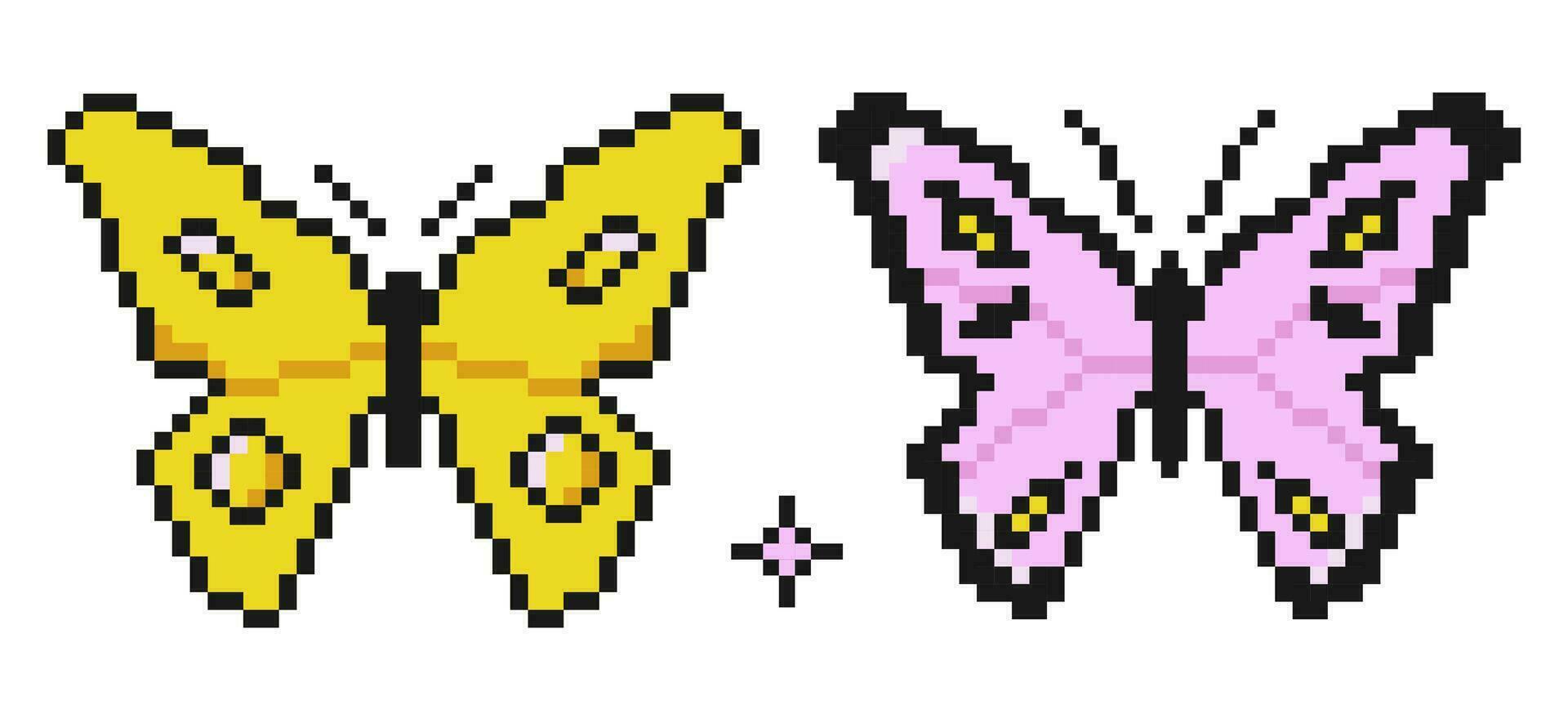 Pixel Kunst Schmetterling. Farbe pixelig Schmetterling Illustrationen. 8 Bit Stil Insekt Symbole. retro Video Spiel ästhetisch vektor