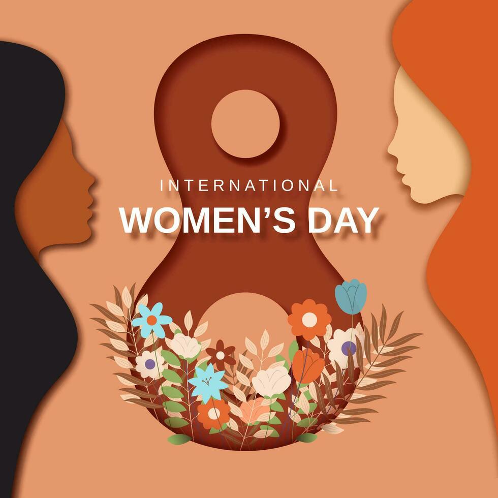 internationell kvinnors dag hälsning kort. 8 Mars. kvinnors silhuetter med blommor i papper stil. vektor illustration.