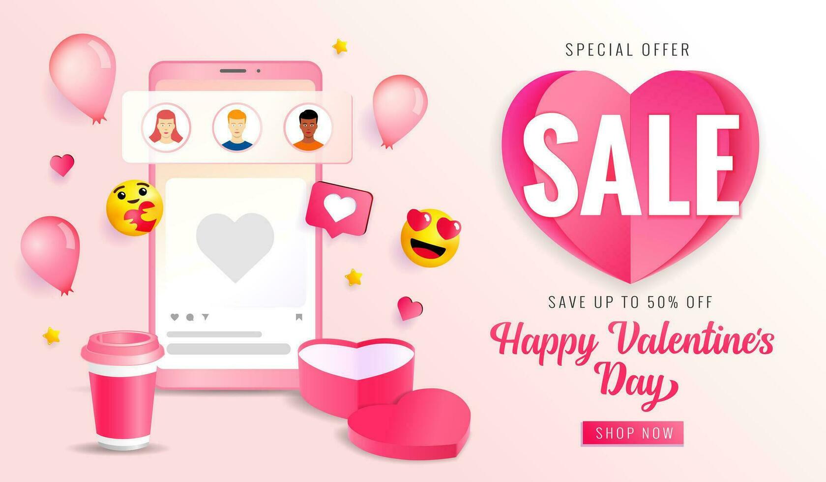 glücklich Valentinstag Tag Besondere Angebot 50 Prozent aus Verkauf Netz Banner. 3d Grafik Elemente vektor