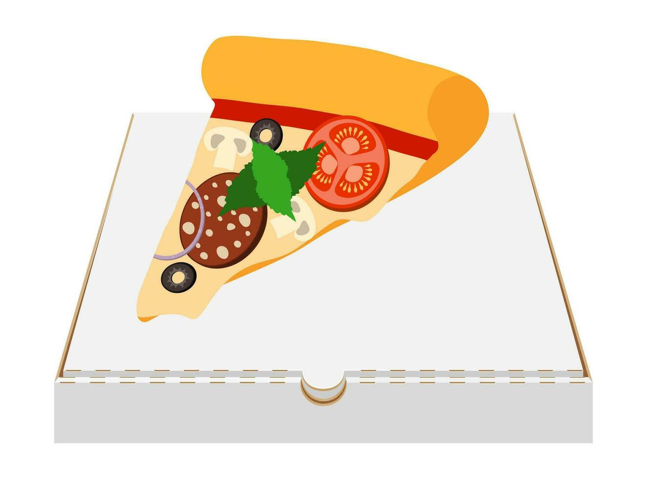 Box Paket zum groß runden Pizza mit Käse Tomate Salami Olive Champignon Zwiebel Lager Vektor Illustration isoliert auf Weiß Hintergrund