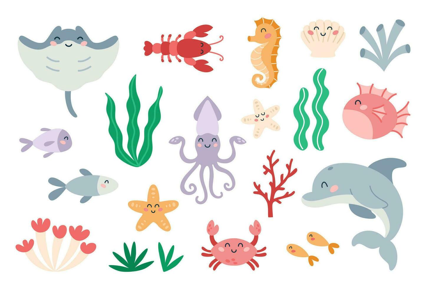 einstellen von süß Marine Tiere im eben Karikatur Stil. Meer Leben, Ozean Design Elemente zum Drucken, Poster, Karte. Vektor Illustration