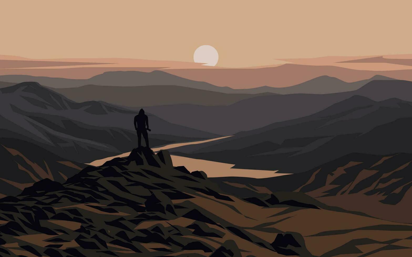 Berg Sonnenaufgang Landschaft mit ein Wanderer Stehen auf das Felsen vektor
