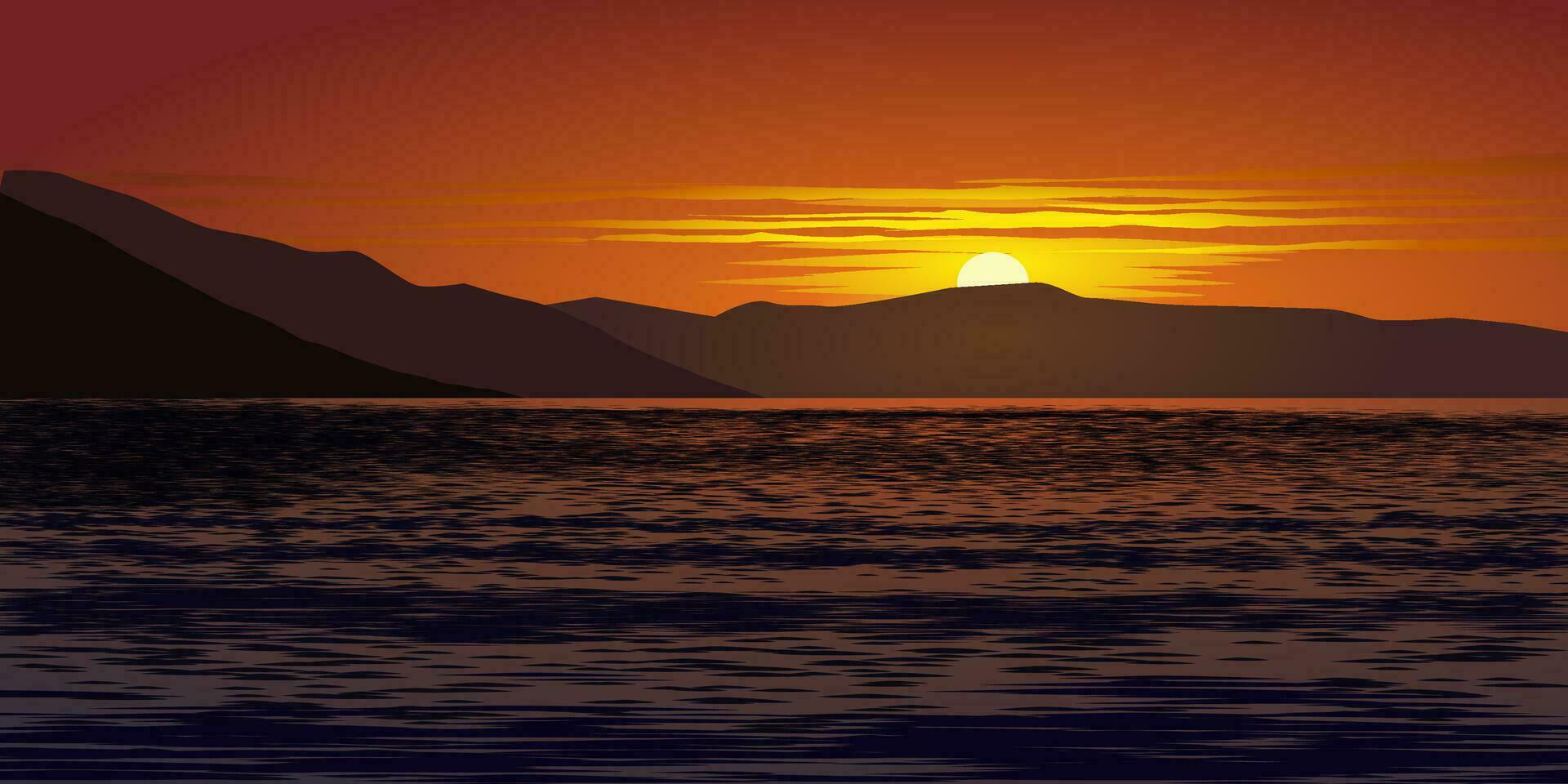 skön solnedgång i sjö med kullar vektor
