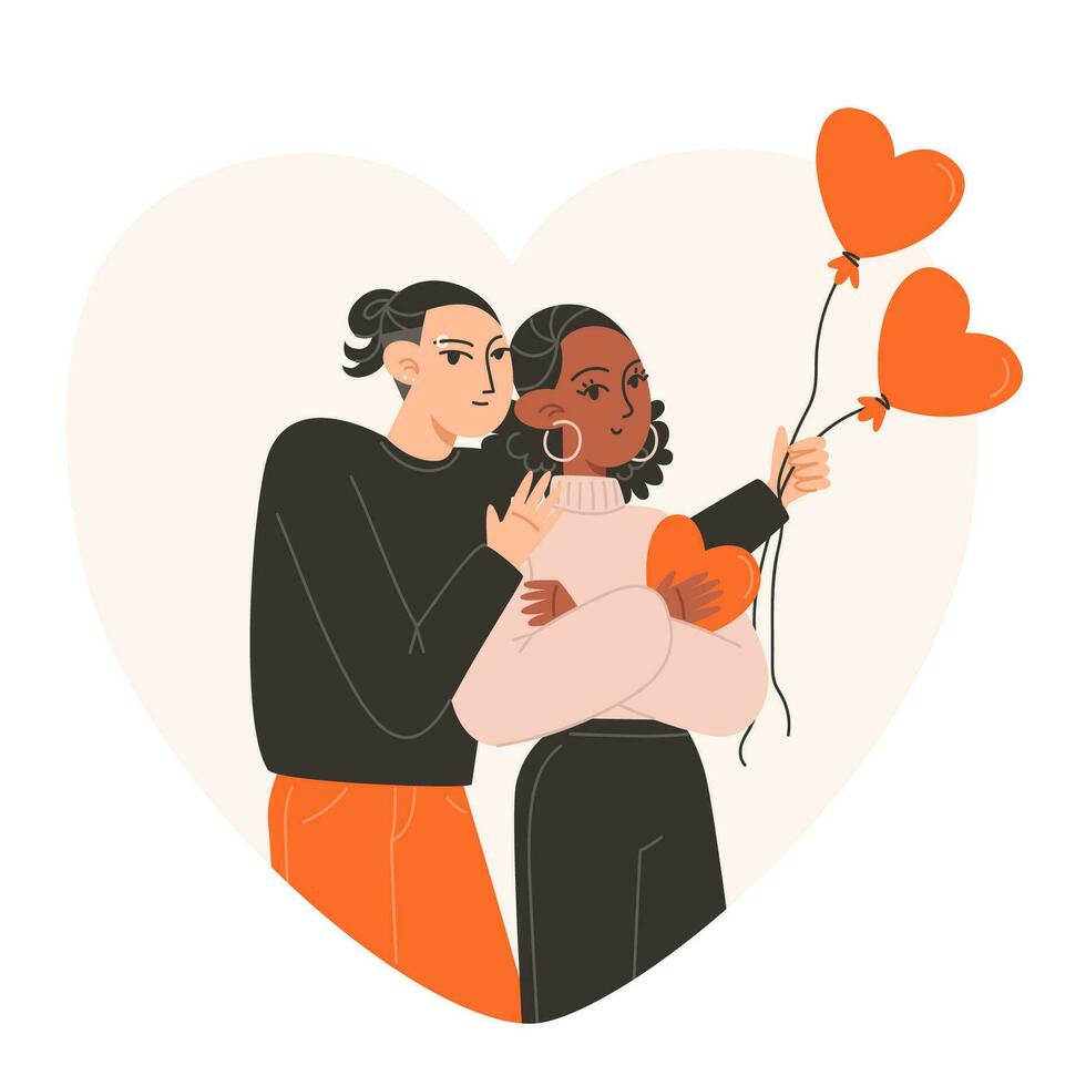 en man kramar en kvinna innehav röd bollar i de form av hjärtan för hjärtans dag vektor