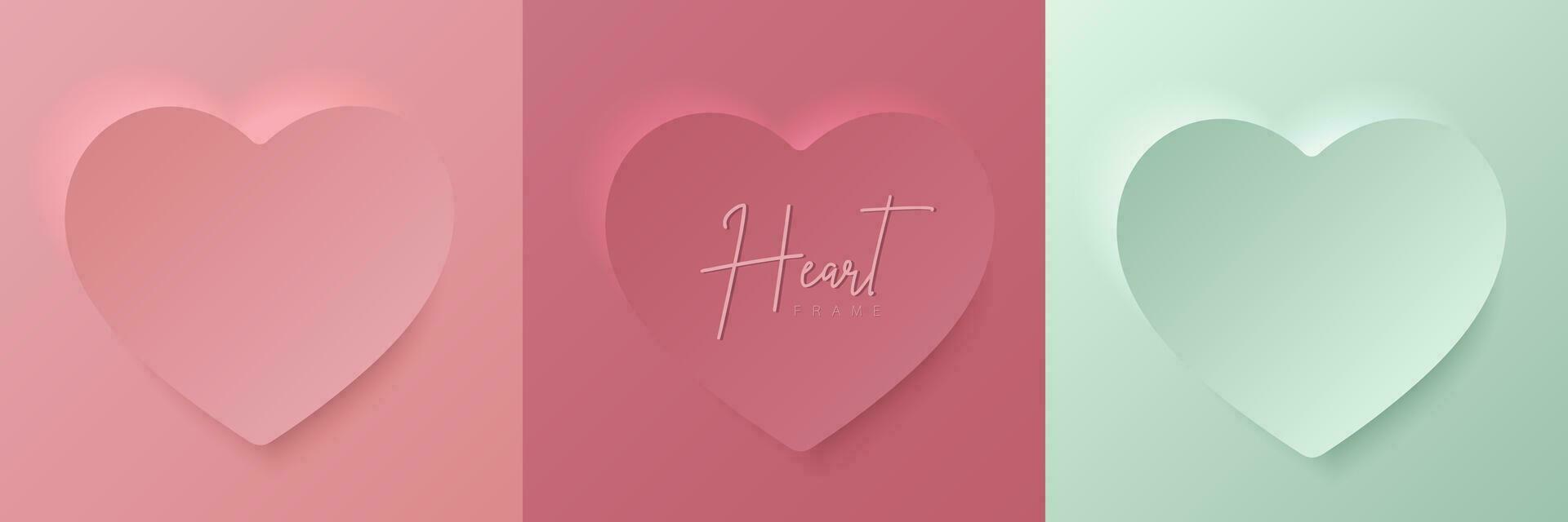 uppsättning av pastell rosa och mynta grön mjuk 3d hjärta form ram design. samling av geometrisk bakgrund för kosmetisk produkt visa, valentine dag festival design, presentation, baner, omslag och webb. vektor