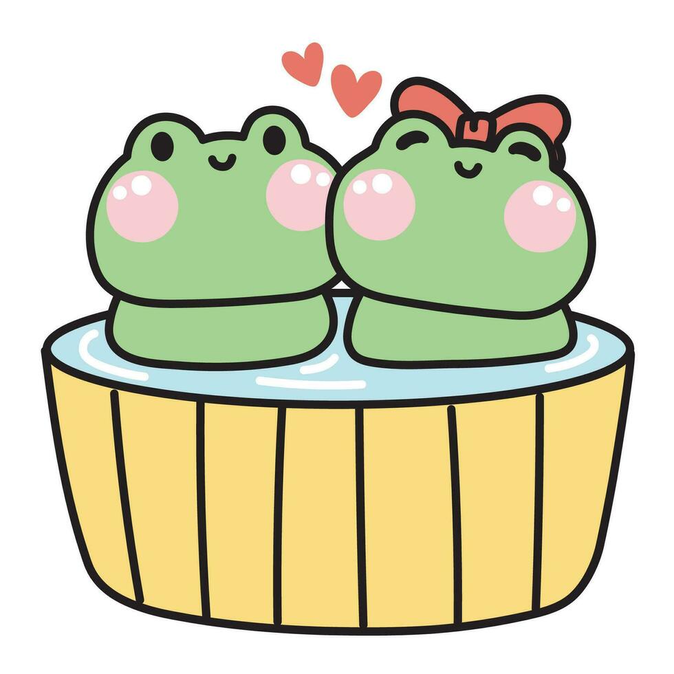 söt par groda stanna kvar i bad tillsammans.onsen tid.dusch.alla hjärtans dag dag.reptil djur- karaktär tecknad serie design.kawaii.vector.illustration. vektor