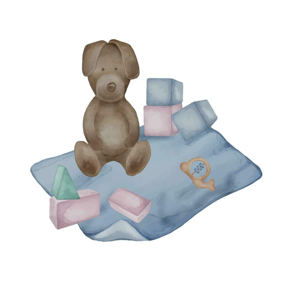 illustration med mjuk leksak på bebis filt neutral färger isolerat på vit bakgrund. hand dragen plysch hund i pastell nyanser. målad bebis kuber, block. element för födelsedag kort, affisch för barn vektor