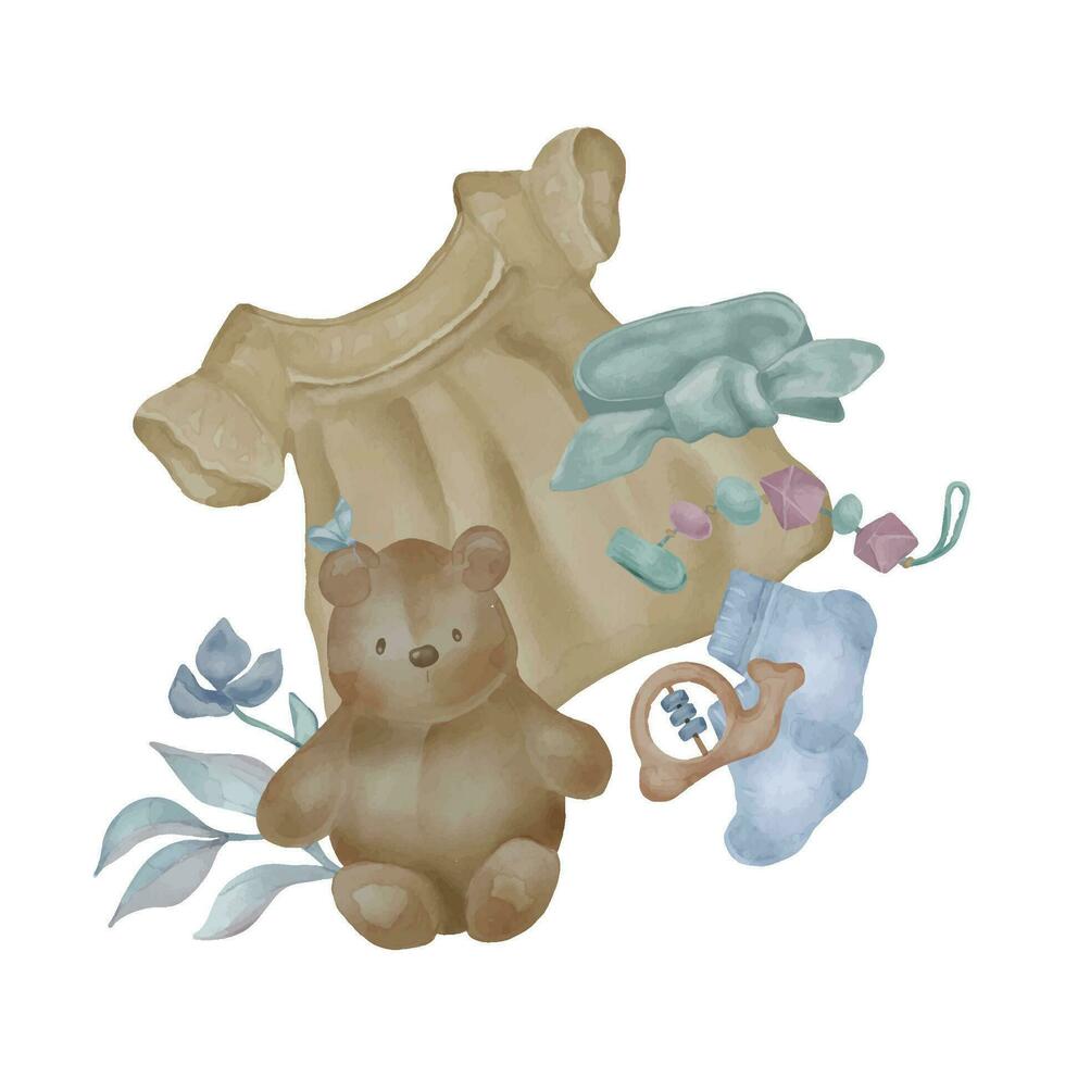 illustration med bebis flicka klänning och teddy Björn isolerat på vit bakgrund. hand dragen abstrakt blomma delikat nyanser. bebis leksaker. element för nyfödd kort, inbjudan, affisch, födelsedag fest vektor
