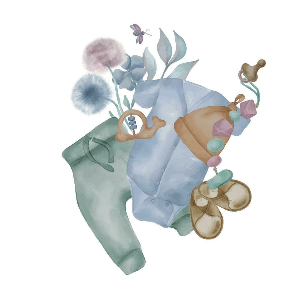 vattenfärg illustration med bebis leveranser isolerat på vit bakgrund. hand dragen illustration med bebis kläder och blommor . pojke tossor i pastell nyanser. design för nyfödd dusch eller födelsedag vektor