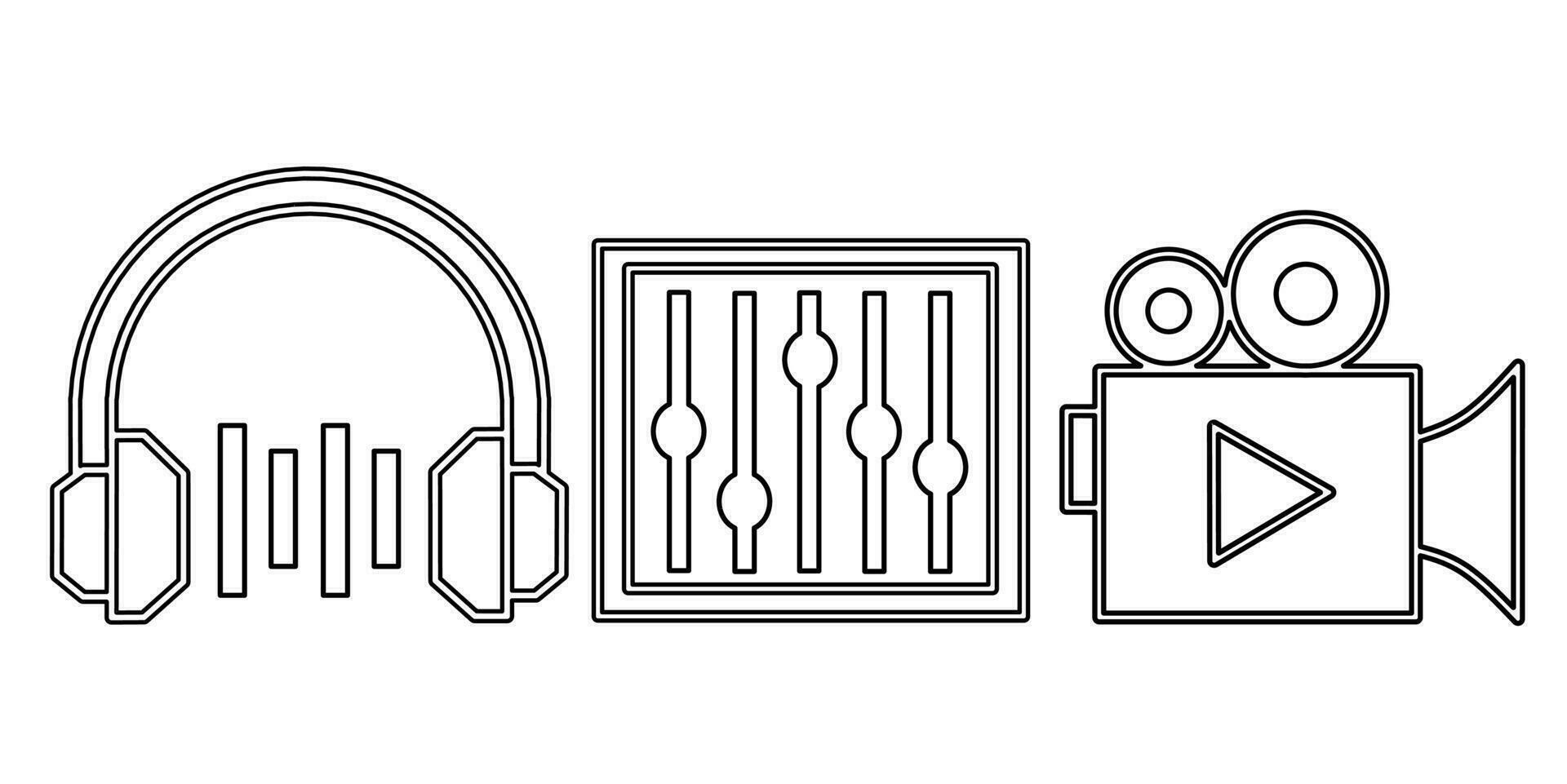 Audio- und Video Symbol schwarz Linie Design. Lager Vektor Illustration.