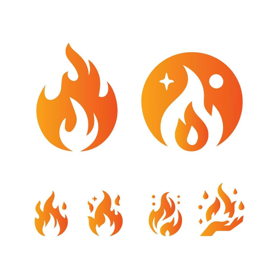 Feuer Verbrennung isoliert Symbol Symbol Satz, einfach Grafik Illustration. farbig Flamme Detail und Hand gezeichnet Vektor Grafik. Lagerfeuer Feuerball Zeichen Dekoration. warm Temperatur Logo Bild.