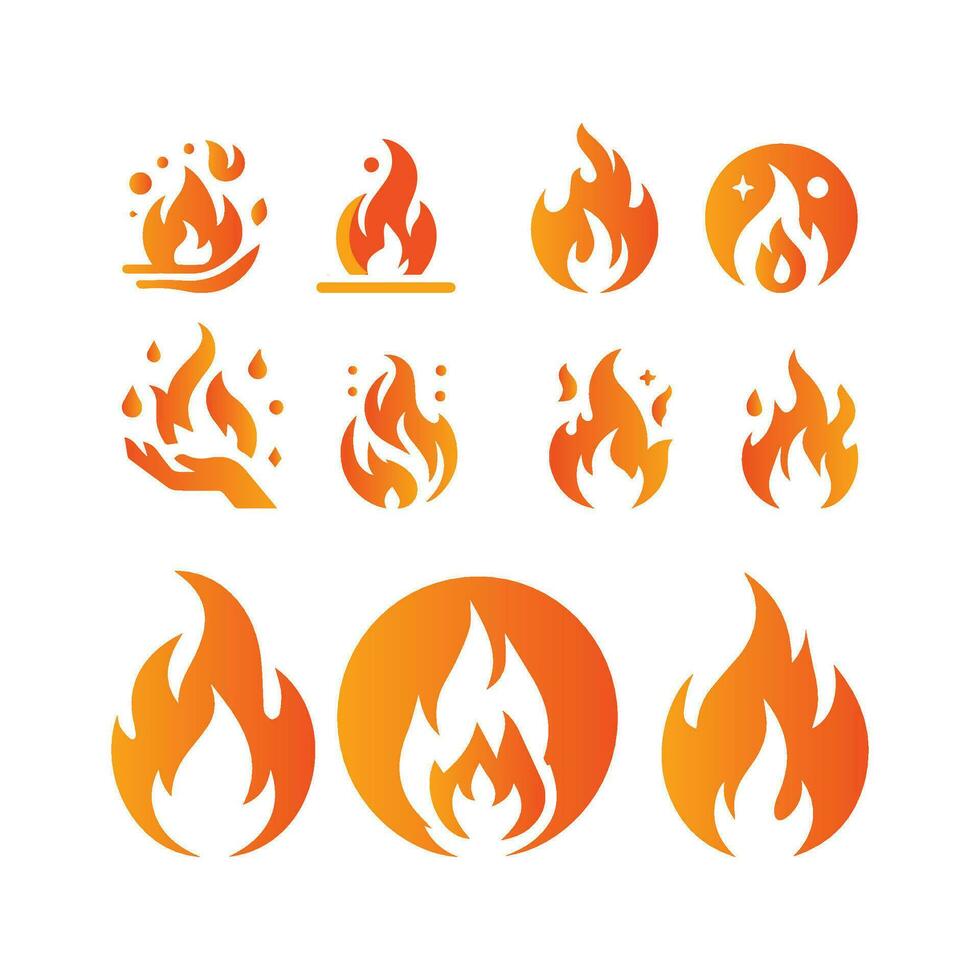 Feuer Verbrennung isoliert Symbol Symbol Satz, einfach Grafik Illustration. farbig Flamme Detail und Hand gezeichnet Vektor Grafik. Lagerfeuer Feuerball Zeichen Dekoration. warm Temperatur Logo Bild.