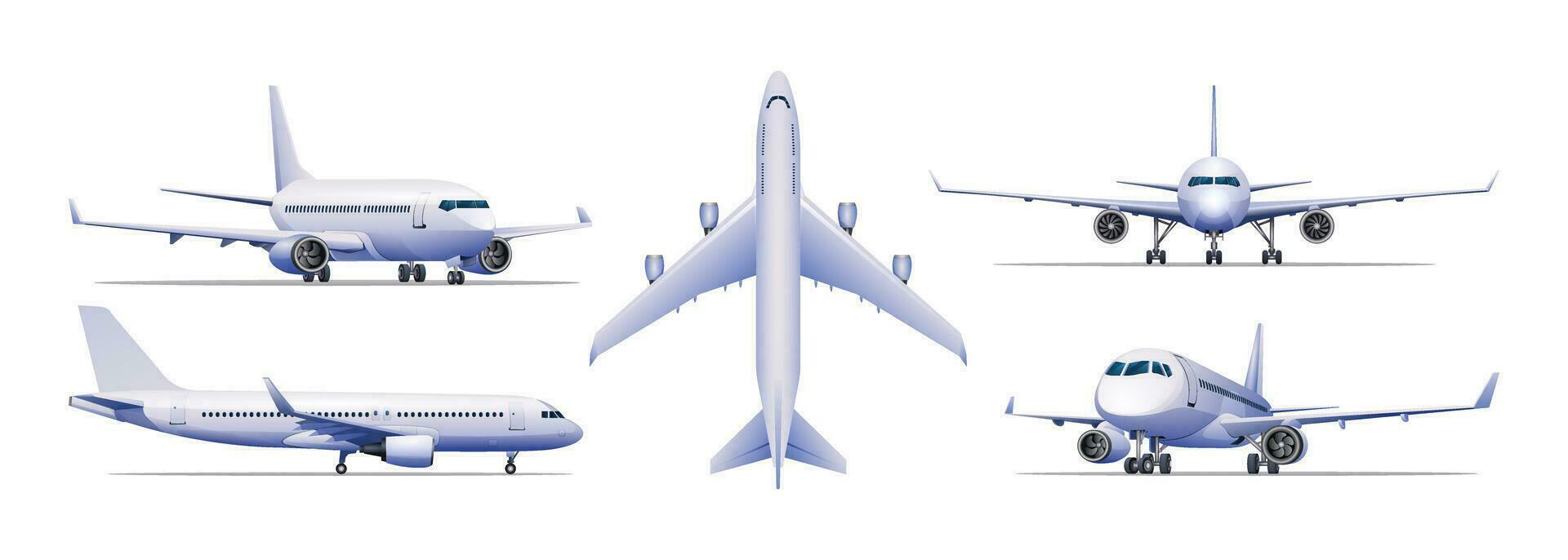 einstellen von Flugzeug im anders Ansichten Vektor Illustration. Flugzeug isoliert auf Weiß Hintergrund