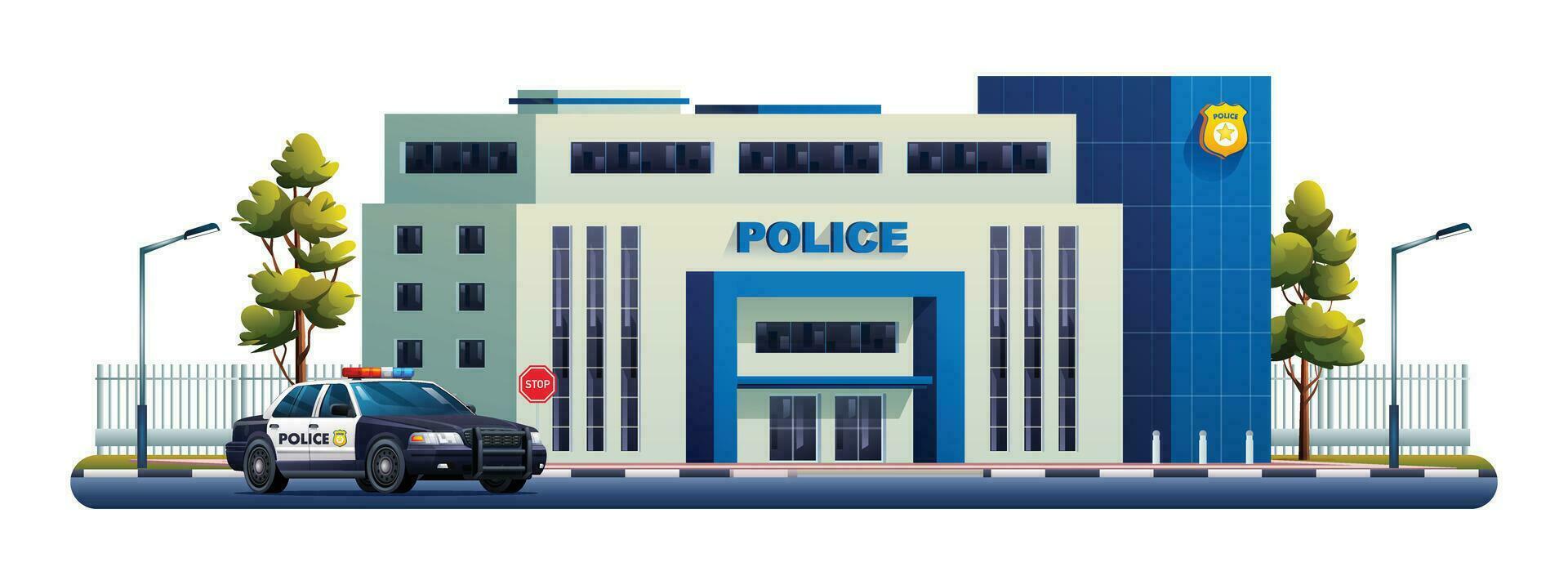 Polizei Bahnhof Gebäude mit patrouillieren Wagen. Polizei Abteilung Büro. Vektor Karikatur Illustration