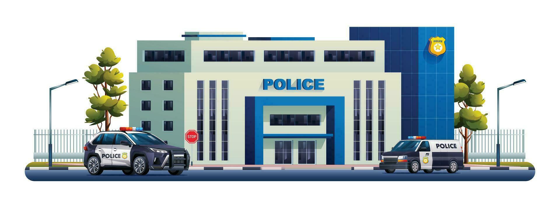 Polizei Bahnhof Gebäude mit patrouillieren Autos. Polizei Abteilung Büro. Vektor Karikatur Illustration