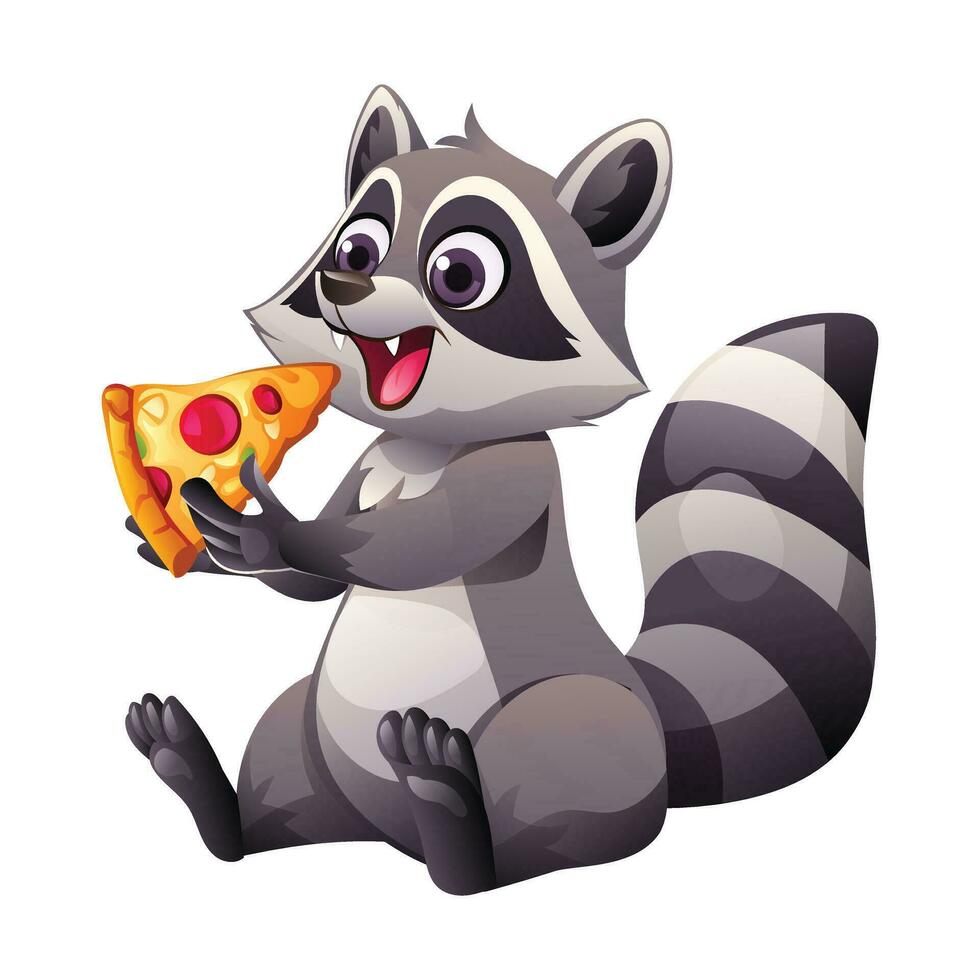 Karikatur Waschbär Essen Pizza. Vektor Illustration isoliert auf Weiß Hintergrund