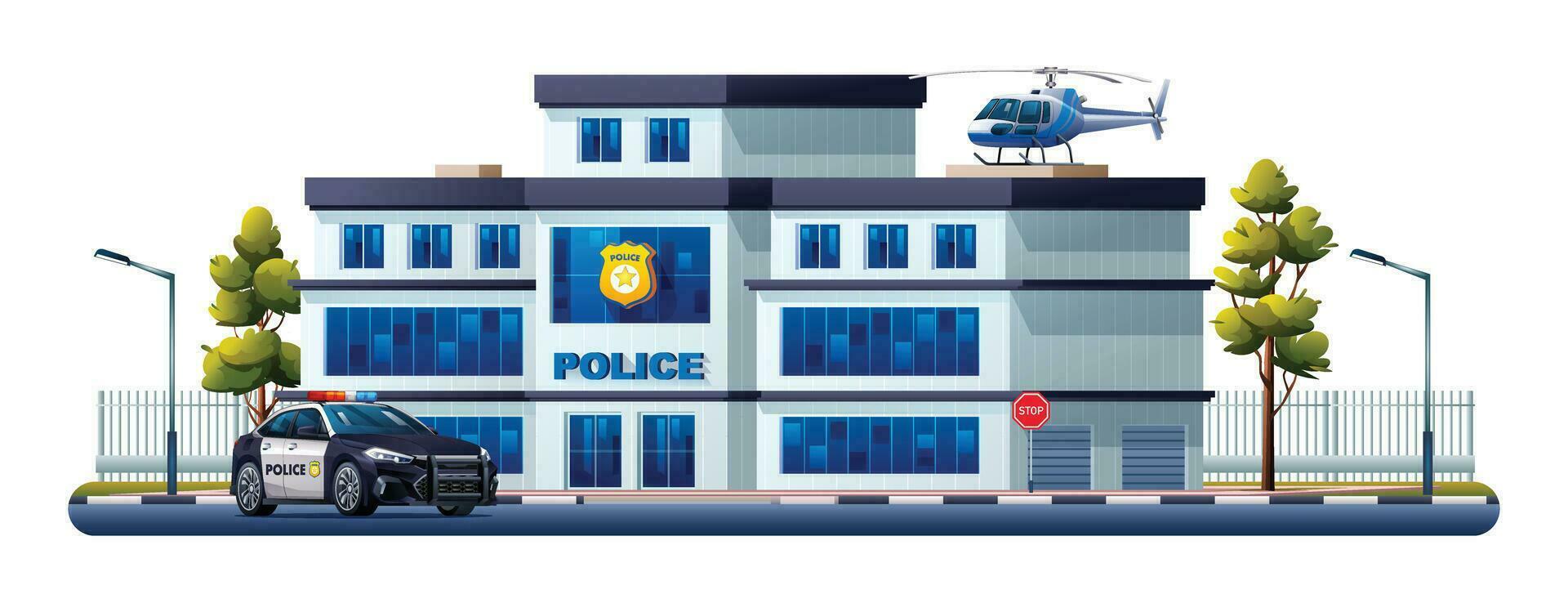 polis station byggnad med patrullera bil och helikopter. polis avdelning kontor vektor illustration