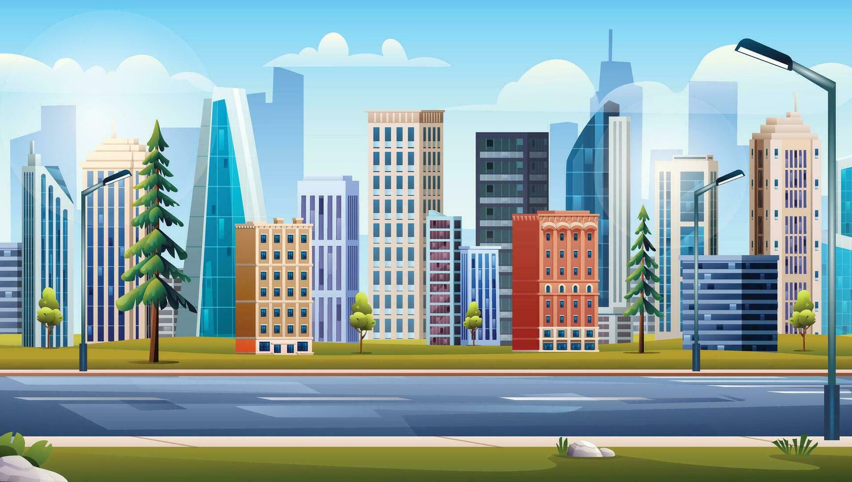 leeren Autobahn mit Park und hoch modern Gebäude. städtisch Stadt Landschaft Hintergrund Vektor Illustration