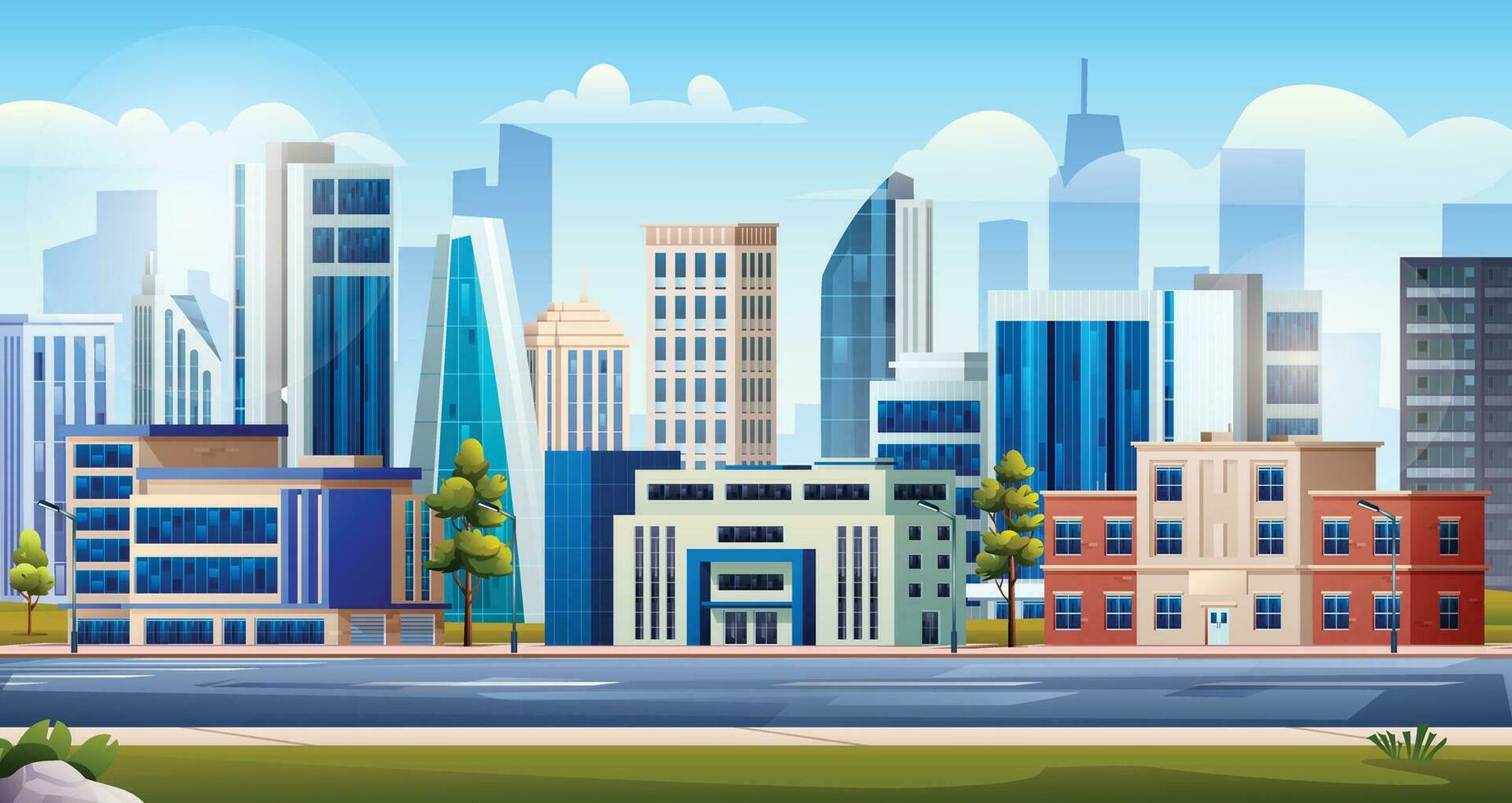stadsbild panorama- med skyskrapa byggnader, parkera och väg. urban stad landskap bakgrund vektor illustration