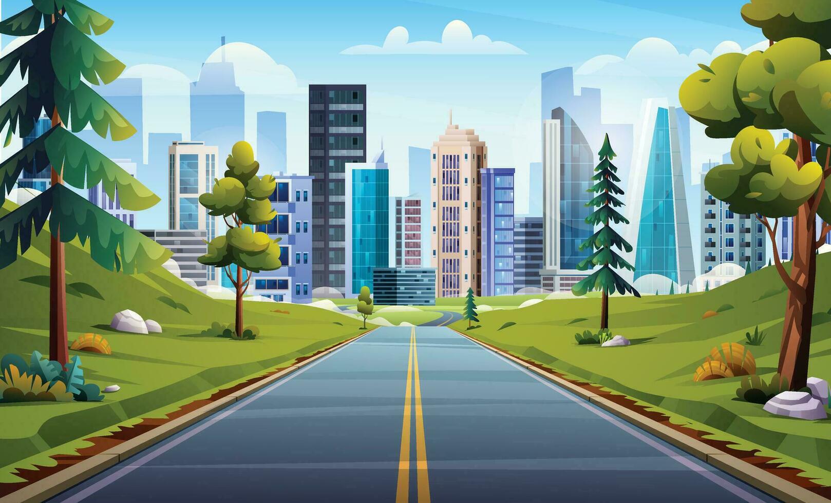 Straße zu Stadt Landschaft Illustration. Natur Autobahn durch Wiese und Bäume zu Stadt Karikatur Vektor Hintergrund