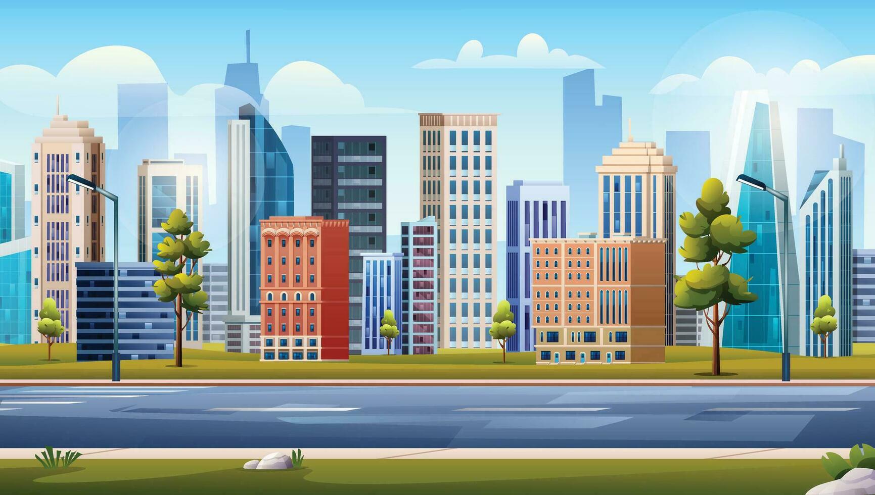 Autobahn mit Park und hoch modern Gebäude. städtisch Stadt Landschaft Hintergrund Vektor Illustration
