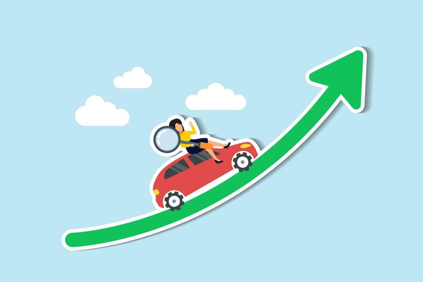 Daten Gefahren Marketing mit Technologie Information zu Fahrt verkaufen oder Werbung Kampagne, Verfolgung Benutzer Verhalten Analyse Konzept, Frau Vermarkter halt Vergrößerung Glas auf Daten Gefahren Auto Wachstum Graph. vektor