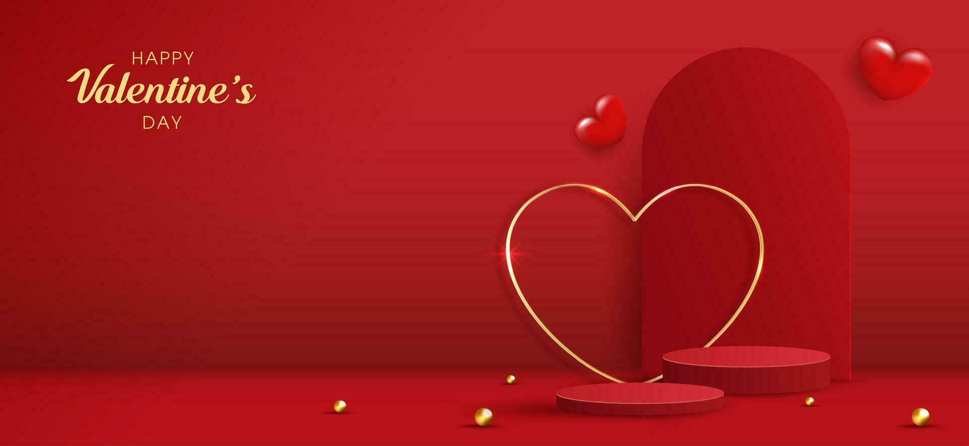 glücklich Valentinsgrüße Tag und Bühne Podium dekoriert mit Herz Form. Sockel Szene mit zum Produkt, Kosmetik, Werbung, zeigen, vergeben Zeremonie, auf rot Hintergrund und Licht. Vektor Design.