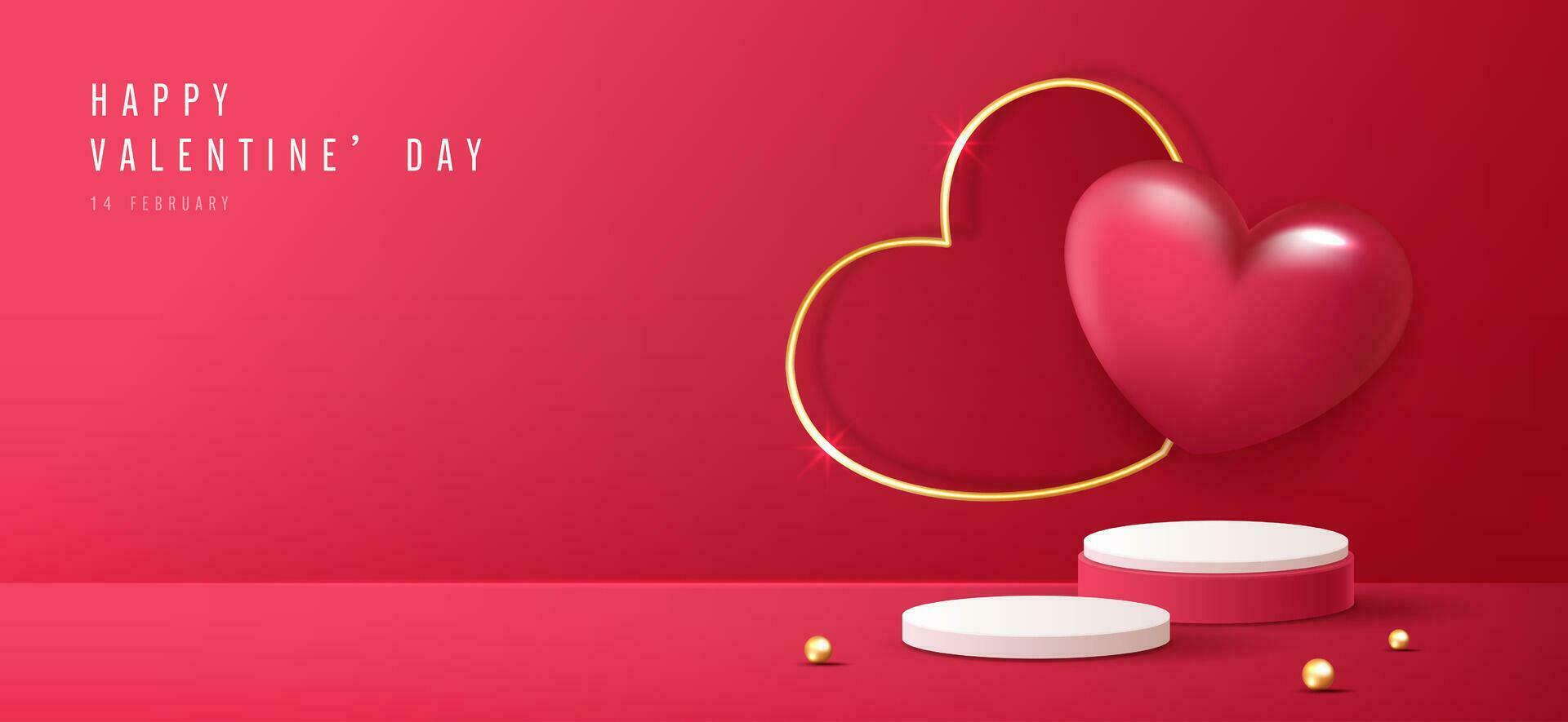 Lycklig valentines dag och skede podium dekorerad med hjärta form. piedestal scen med för produkt, kosmetisk, reklam, show, tilldela ceremoni, på rosa bakgrund och ljus. vektor design.