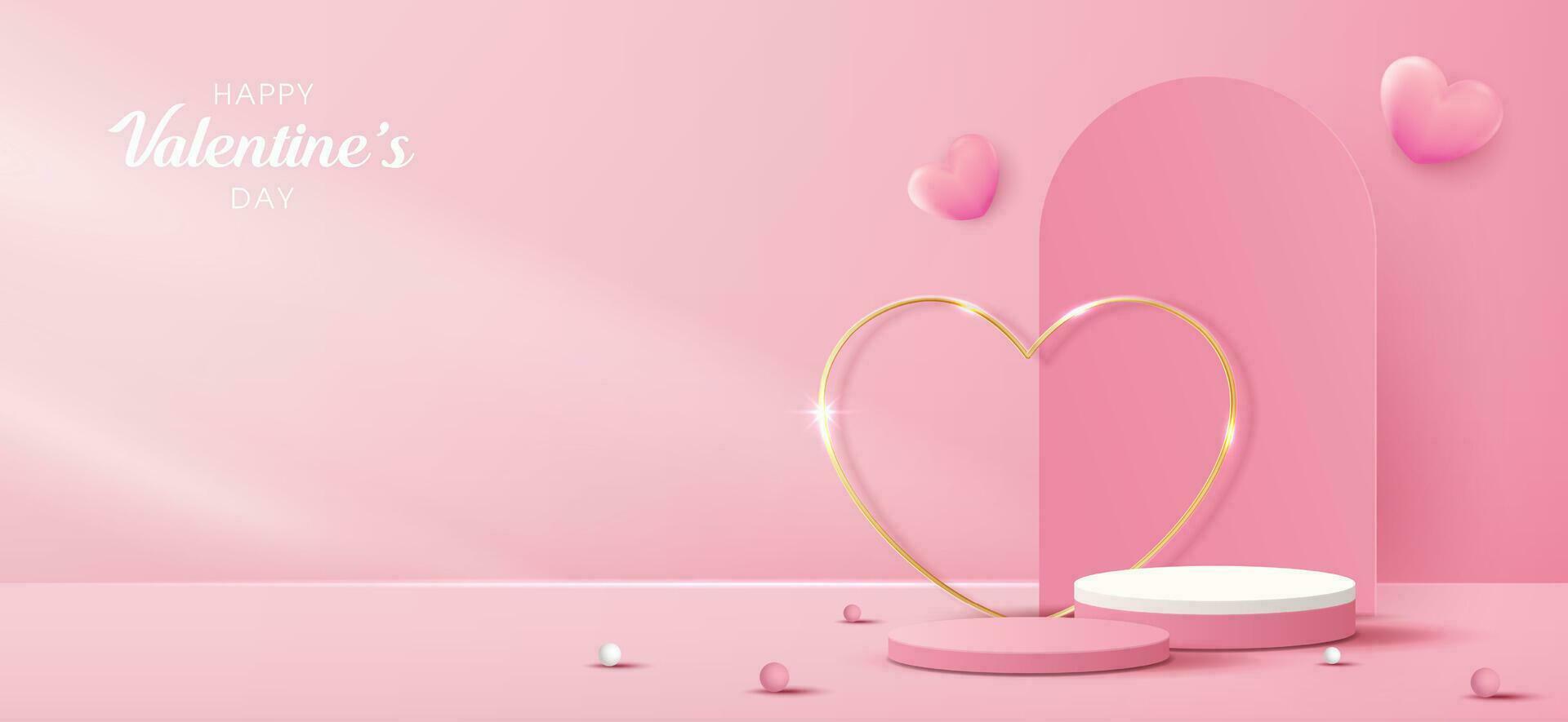 glücklich Valentinsgrüße Tag und Bühne Podium dekoriert mit Herz Form. Sockel Szene mit zum Produkt, Kosmetik, Werbung, zeigen, vergeben Zeremonie, auf Rosa Hintergrund und Licht. Vektor Design.