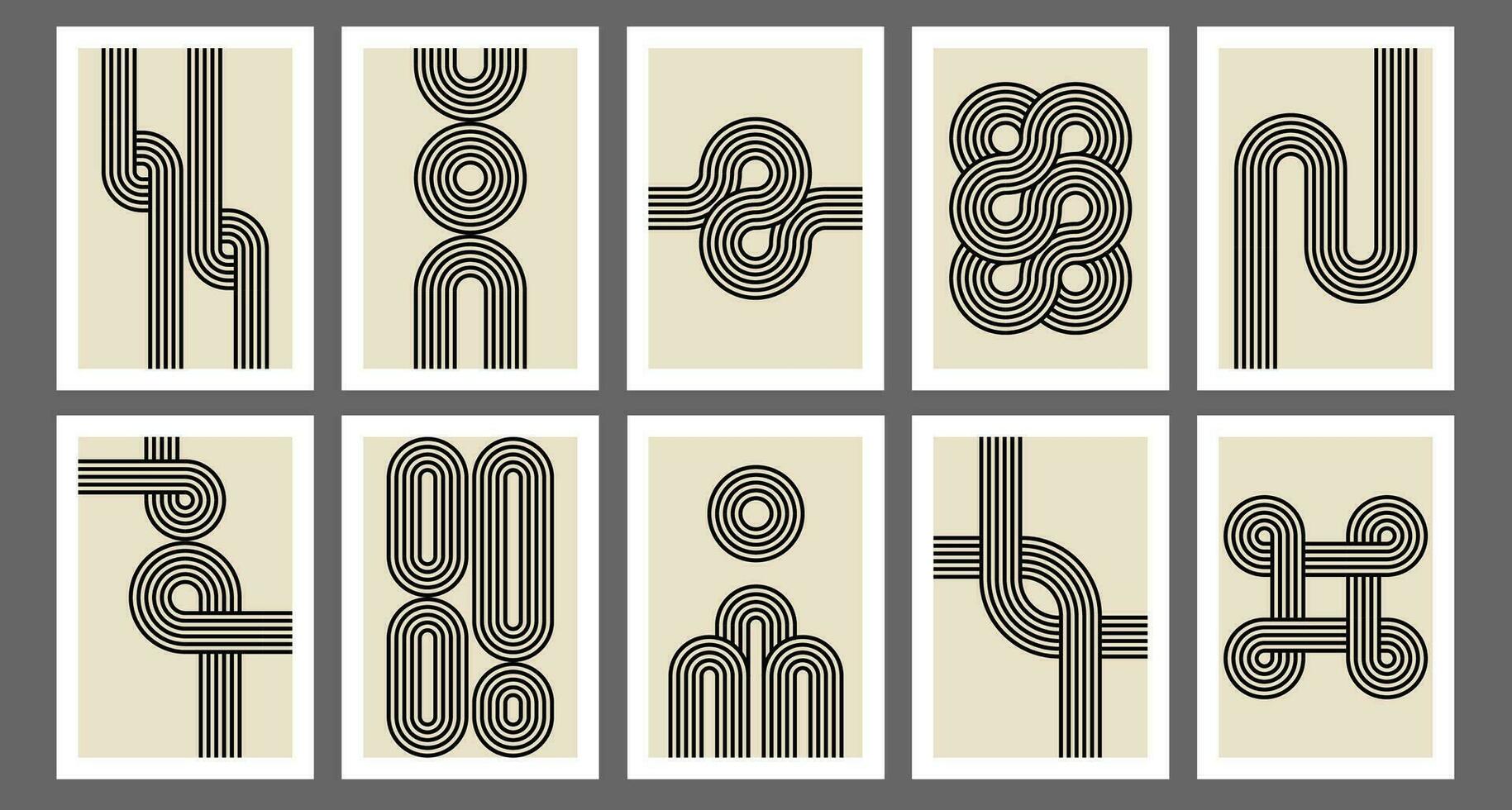 retro 70s geometrisk affischer. årgång linje bågar och knop skriva ut. häftig randig design affisch, abstrakt 1970-talet minimalistisk boho omslag vektor uppsättning