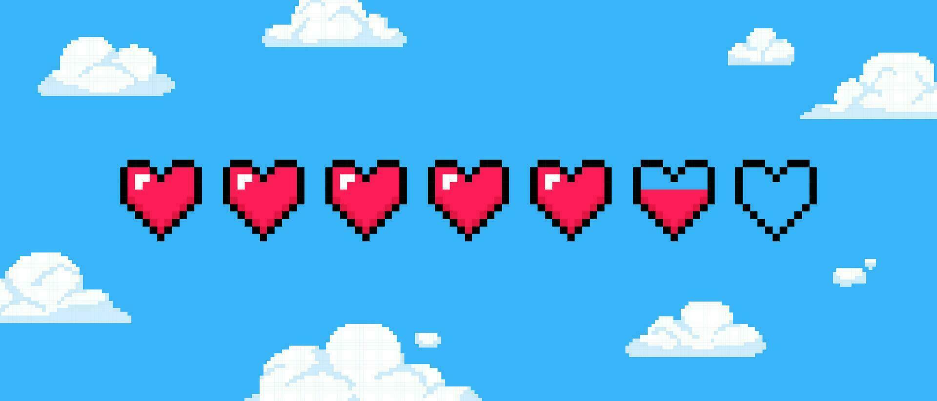 Pixel Herz Spiel Gesundheit. 8 bisschen Leben Bar mit rot Herzen, retro 80er, 90er Jahre Spielen Schnittstelle auf Blau Himmel mit Weiß Pixel Wolken Hintergrund. Vektor Illustration