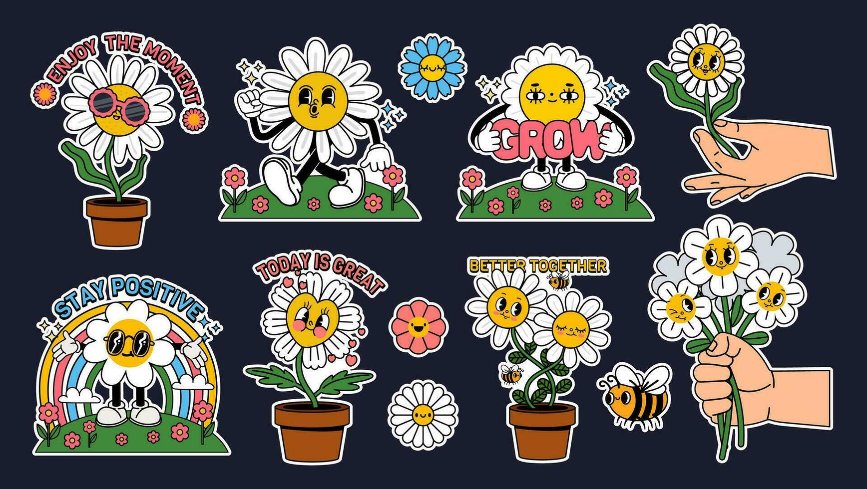 tecknad serie blomma klistermärke. retro komisk daisy karaktär. årgång trendig 30s maskot blommor med ansikte. blommig daisy i pott med motivering fraser. rolig bukett i händer. vektor uppsättning