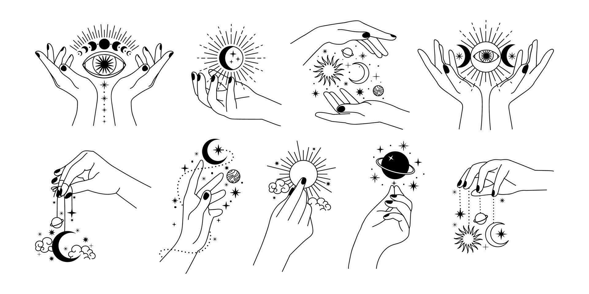 Magie Frau Hände. skizzieren Mystiker weiblich Hände mit Planeten, Stern, Mond und Sonne. minimalistisch Stil Astrologie tätowieren Elemente. Vektor einstellen