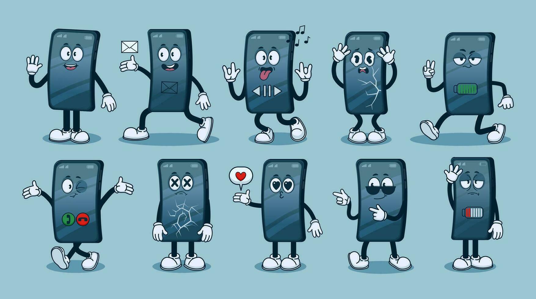smartphone karaktär. tecknad serie maskot telefon. mobil skärm ansikte känslor. komisk mobil telefon poser med hand och ben, rolig vistas grej, enhet sändning e-post, vektor uppsättning
