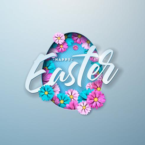 Glückliche Ostern-Illustration mit buntem Blumen-und Papierausschnitt-Ei-Symbol vektor