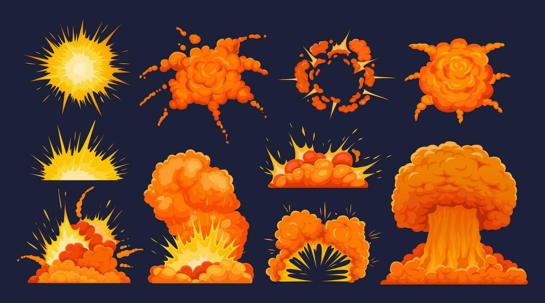 Bombe Explosion. Karikatur Dynamit Explosionen Wirkung, Feuer und explosiv Wolken. Zerstörung Bomben Flamme. Comic Achtung Boom Wolken zum Digital Spiel. Vektor einstellen