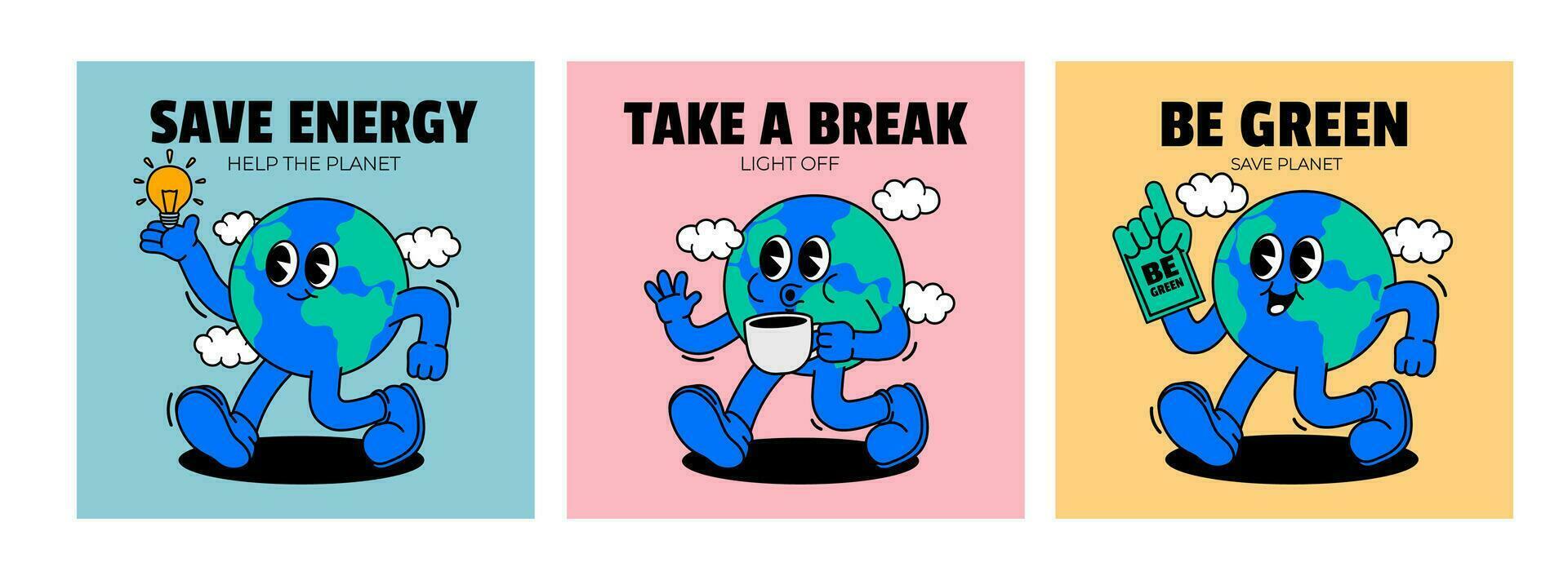 Karikatur retro Gehen Erde. Karte mit Jahrgang komisch Globus. Comic Maskottchen Charakter Blau Planet, Öko Konzept zum Poster. Erde Tag. speichern Planet Vektor Banner