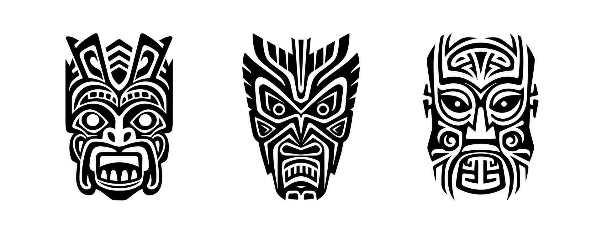 Stammes- Maske. Tiki Totem, Voodoo afrikanisch Stammes- Gott. Tahiti traditionell Idol, hawaiisch einheimisch polynesisch Jahrgang tätowieren Ritual Gesicht schwarz Vektor einstellen