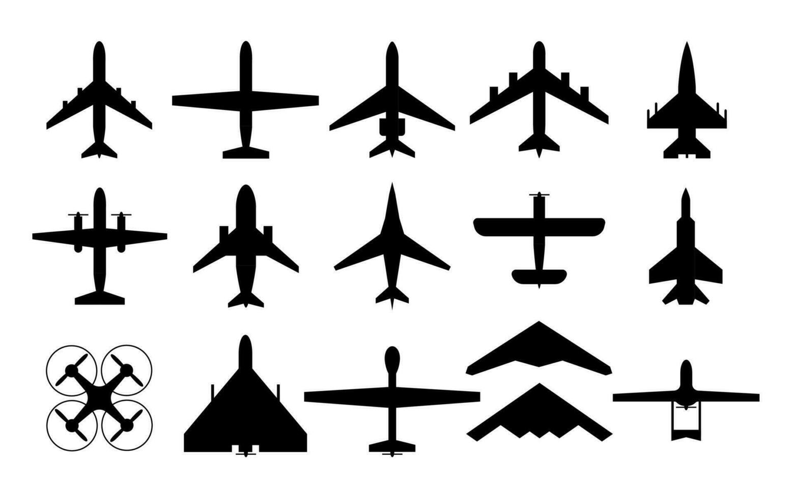 Flugzeug Symbole. Flugzeug Silhouetten fliegend Jet, Motor- Flugzeug und Drohne Militär- und kommerziell Luftfahrt Piktogramm. Flugzeug oben Sicht, Luft Fahrzeuge Vektor einstellen