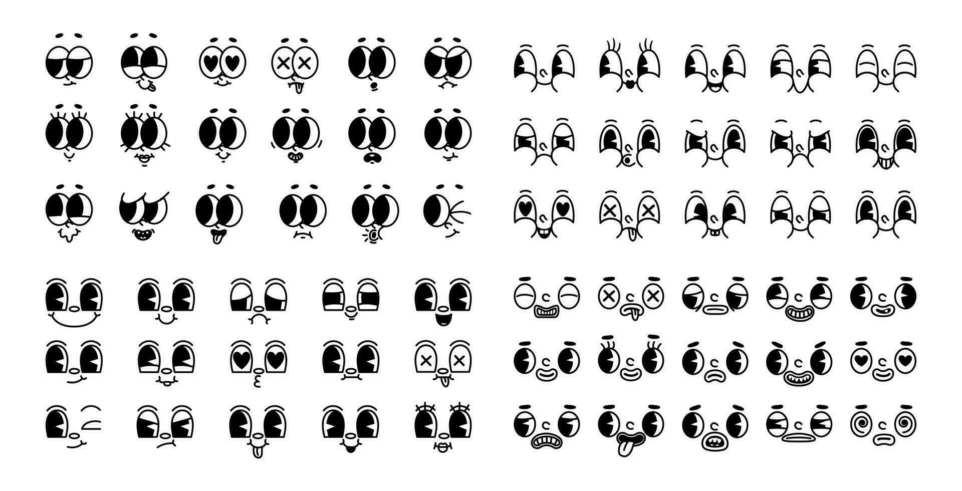 Karikatur retro Gesicht. Jahrgang 30er Jahre Maskottchen Ausdruck Charakter. Comic Augen und Mund. alt Stil komisch Animation Gesichter zum modisch Design. Glücklich, wütend, traurig Emotionen. Vektor einstellen