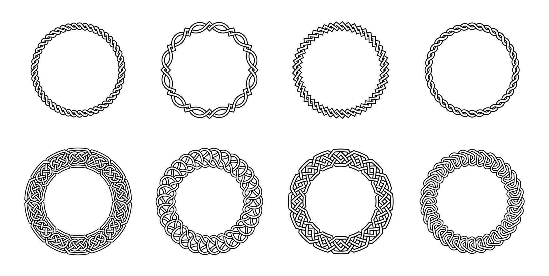 celtic runda ramar. gammal cirkel gräns ramar med celtic folk knutar, knölig fläta ornament dekorativ tatuering design. cirkulär mönster vektor uppsättning