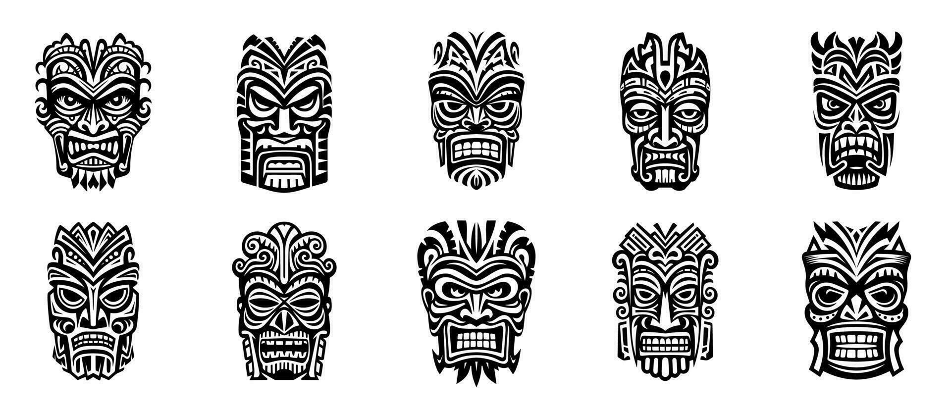 etnisk masker. tiki totem, voodoo afrikansk stam- huvud. zulu traditionell Gud, hawaiian inhemsk årgång tatuering ritual polynesisk ansikte svart vektor uppsättning