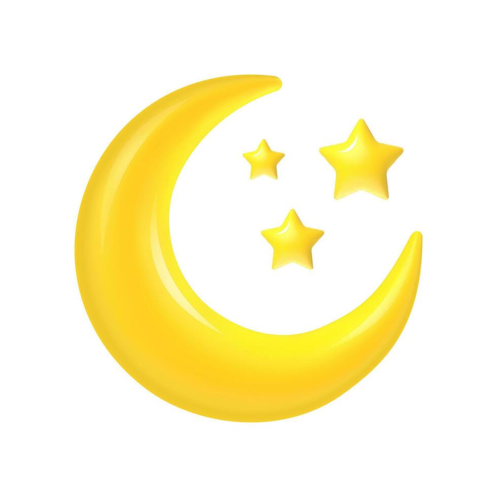 3d Halbmond. Mond und Sterne Ramadan Konzept, abstrakt islamisch Dekoration Element. Gelb Hälfte Mond mit Star Arabisch Muslim Symbol isoliert Vektor Illustration