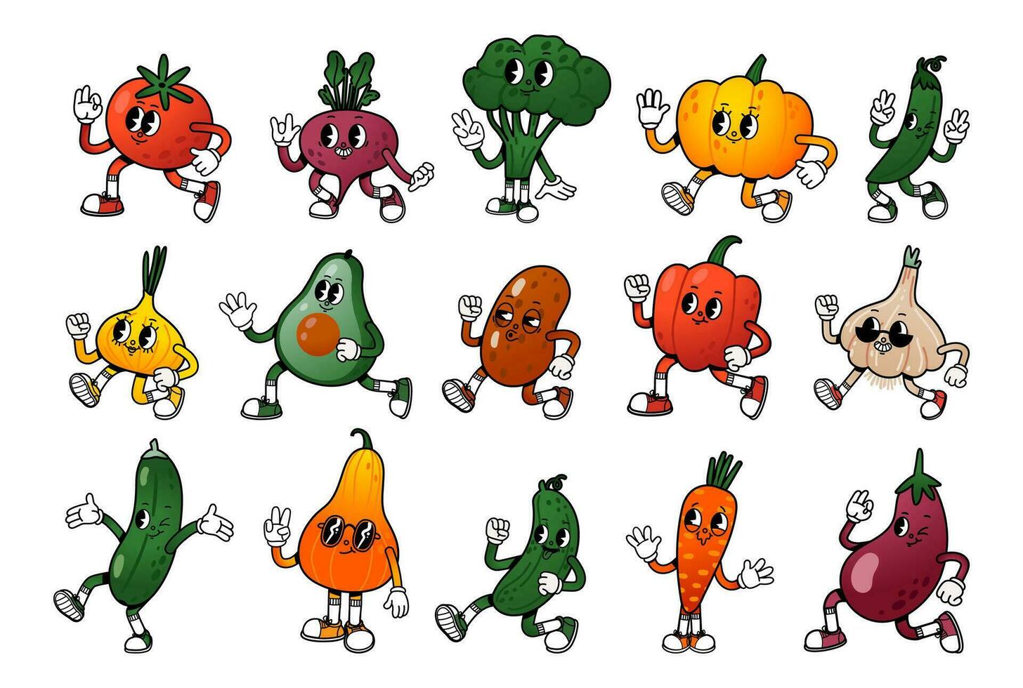 Gemüse Charakter. Karikatur retro Maskottchen Gemüse. komisch Grün Vitamin Pflanze Essen, süß Tomate, Laufen Kürbis, gesund Aubergine, Natur Avocado. Vektor einstellen